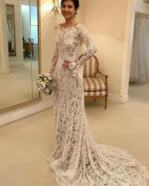 Gorgeous Vintage Lace Sheath Long Sleeve Wedding Dress with Detachable Skirt. WD2079