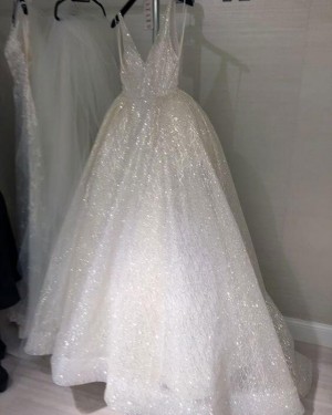 Ivory Unique Sequin Sparkle V-neck A-line  Wedding Dress WD2080