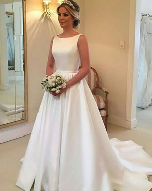 White Pleated Satin Simple Jewel Fall Wedding Dress with Cute Bowknot WD2081