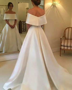 Off the Shoulder Simple A-line Satin Layered Neck Fall Wedding Dress WD2082