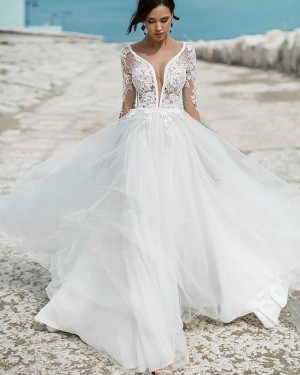 Long Sleeve Deep V-neck Lace Applique  White Wedding Dress WD2083