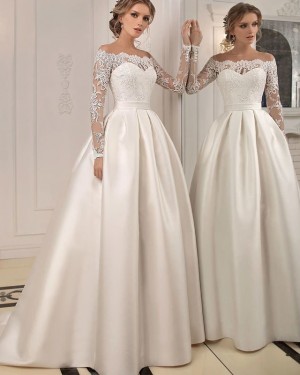 Satin Fall Off the Shoulder Ivory Lace Bodice Wedding Dress with Long Sleeves WD2084