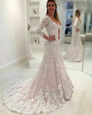 Ivory V-neck Lace Mermaid Vintage Wedding Dress with 3/4 Length Sleeves WD2085