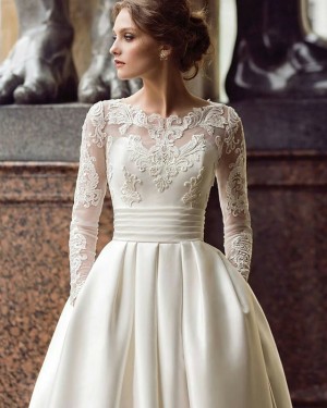 Satin Pleated Jewel Lace Applique Bodice Long Sleeve Ivory Fall Wedding Dress with Pockets WD2086