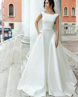 A-line Satin Simple Jewel White Wedding Dress with Pockets WD2087