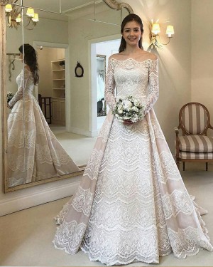 Gorgeous A-line Lace Off the Shoulder Wedding Dress with Long Sleeves WD2089