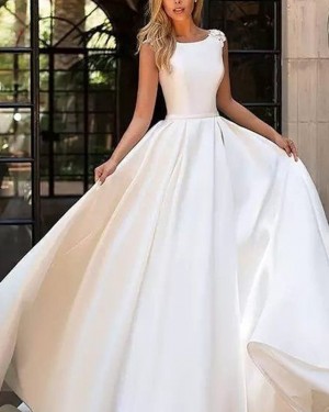 Pleated Satin Fall Jewel Simple White Wedding Dress with Appliques WD2091