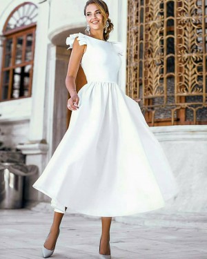 Satin Jewel Tea Length Pleated White Wedding Dress with Cap Sleeves WD2092
