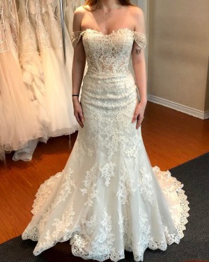 Lace Appliqued Off the Shoulder Ivory Mermaid Wedding Dress WD2093