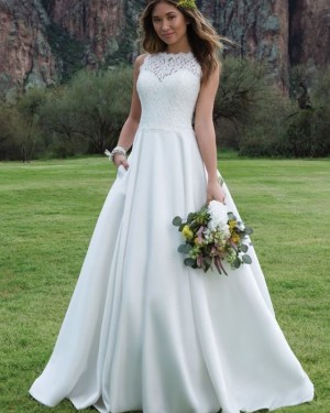 A-line Lace Bodice White Jewel Satin Fall Wedding Dress with Pockets WD2095