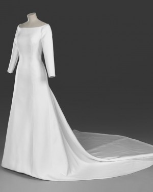 Sheath Satin Scoop Royal Simple Wedding Dress with 3/4 Length Sleeves WD2096