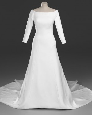 Sheath Satin Scoop Royal Simple Wedding Dress with 3/4 Length Sleeves WD2096