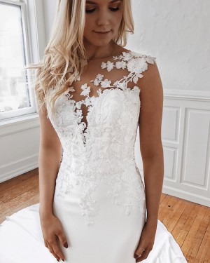 Gorgeous White 3D Flower Applique Mermaid Wedding Dress with Chapel Train WD2100