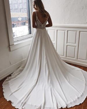 Chiffon White Spaghetti Straps Simple Wedding Dress with Court Train WD2101