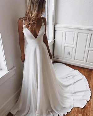Chiffon White Spaghetti Straps Simple Wedding Dress with Court Train WD2101