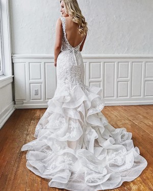 Gorgeous Ruffle Lace White Deep V-neck Mermaid Wedding Dress WD2102