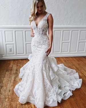 Gorgeous Ruffle Lace White Deep V-neck Mermaid Wedding Dress WD2102