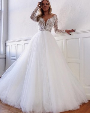 Tulle Deep V-neck White Lace Bodice Wedding Dress with Long Sleeves WD2104