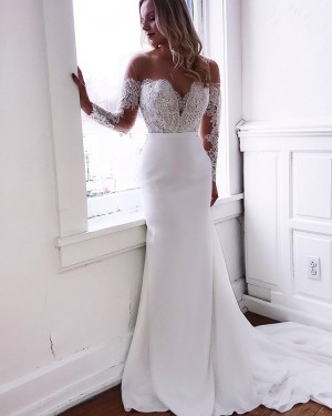 Mermaid Chiffon Sheer Neck Lace Applique Wedding Dress with Long Sleeves WD2105