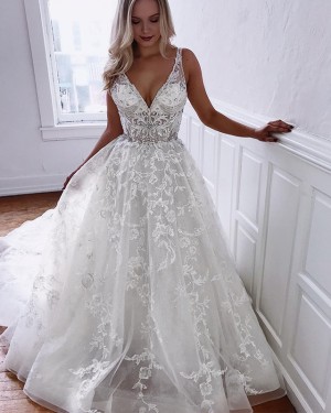 Ivory V-neck Pleated Lace A-line Wedding Dress with Chapel Train WD2106