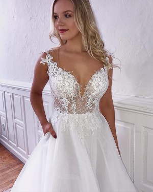 Elegant Tulle V-neck Lace Applique Wedding Dress with Pockets WD2107
