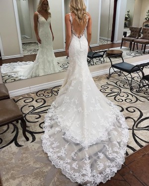 Elegant Mermaid V-neck Lace Appliqued White Wedding Dress WD2112