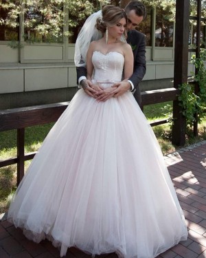 Sweetheart Pleated Light Pink Tulle Applique Wedding Gown WD2113