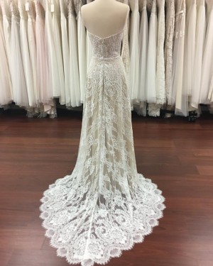 Sheath Sweetheart Champagne Lace Wedding Dress with Court Train WD2119