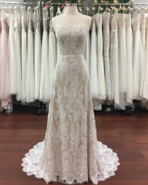 Sheath Sweetheart Champagne Lace Wedding Dress with Court Train WD2119