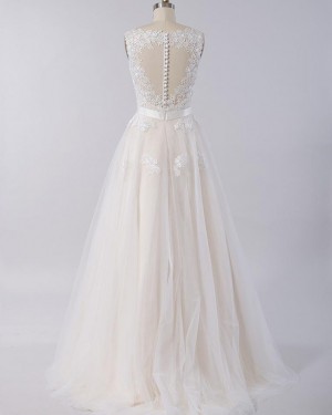 Champagne Lace Appliqued V-neck A-line Tulle Wedding Dress WD2120