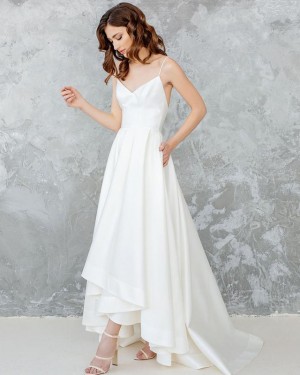 White Satin Spaghetti Straps High Low Pleated Wedding Dress with Pockets WD2121