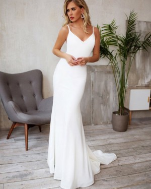 Satin White Spaghetti Straps Mermaid Wedding Dress with Beading Belt WD2122