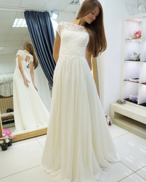 A-line Pleated Bateau Lace Bodice Ivory Wedding Dress with Keyhole Back WD2123