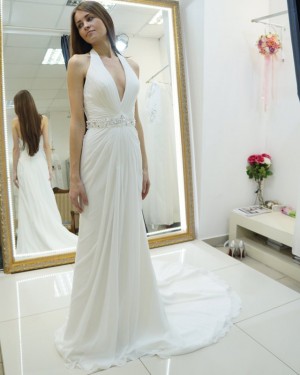 White Beach Halter Ruched Sheath Wedding Dress with Beading Belt WD2124