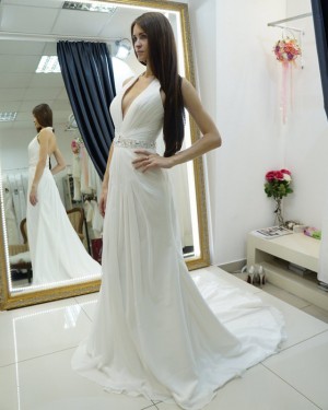 White Beach Halter Ruched Sheath Wedding Dress with Beading Belt WD2124