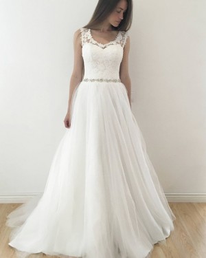Pleated White Tulle Scoop Lace Bodice Wedding Dress with Beading Belt WD2126