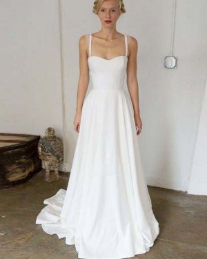 Satin A-line Pleated Simple Square White Beach Wedding Dress WD2129