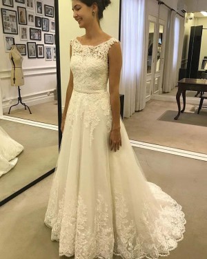 Elegant Pleated Lace Applique Jewel Ivory Wedding Dress WD2130