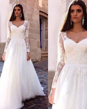 Lace Long Sleeve Scoop Appliqued Bodice White Wedding Dress WD2131