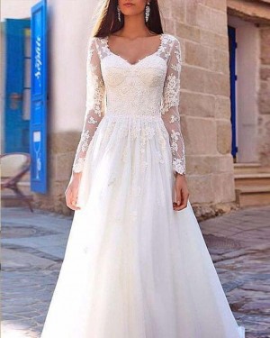 Lace Long Sleeve Scoop Appliqued Bodice White Wedding Dress WD2131
