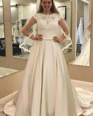 Satin Pleated Ivory High Neck Lace Bodice Fall Wedding Dress WD2139