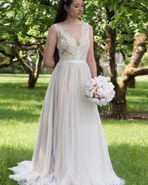 Pleated V-neck Lace Bodice Nude A-line Wedding Dress WD2140