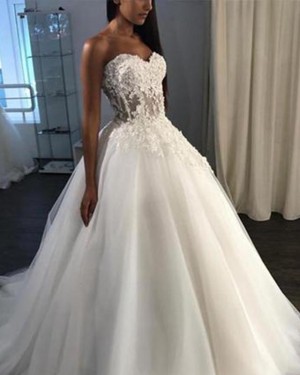 Tulle White Lace Bodice Sweetheart Ball Gown Wedding Dress WD2144
