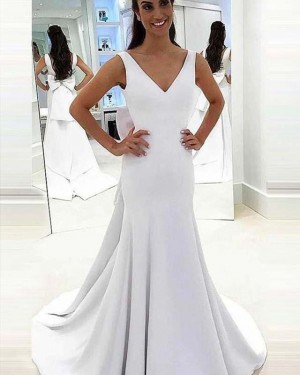 Satin Mermaid Simple V-neck White Wedding Dress with Bowknot WD2145