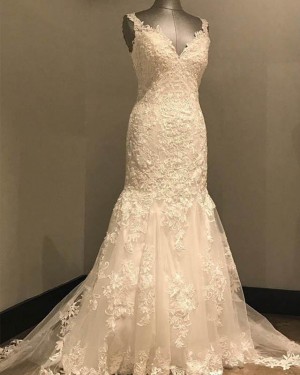 Elegant White V-neck Lace Mermaid Wedding Dress WD2148