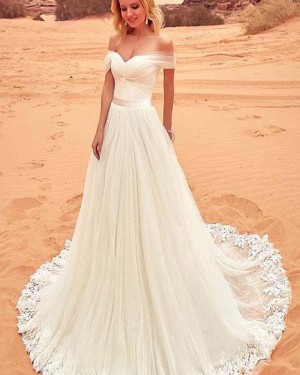 Ivory A-line Pleated Off the Shoulder Wedding Dress with Appliques WD2150