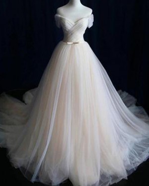 Simple Tulle Off the Shoulder Champagne Pleated Wedding Dress WD2151