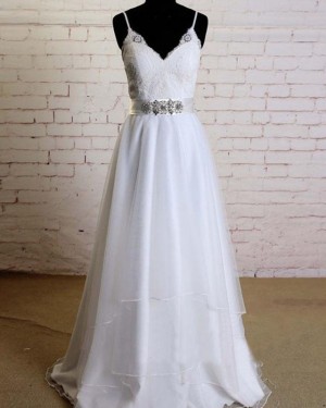 Beading Spaghetti Straps Lace Bodice A-line White Wedding Dress WD2153