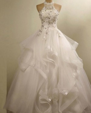 High Neck Ruffle 3D Flower Applique Wedding Gown WD2155