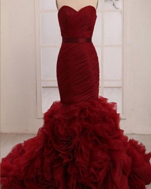 Gorgeous Mermaid Ruffle Red Sweetheart Wedding Dress WD2156